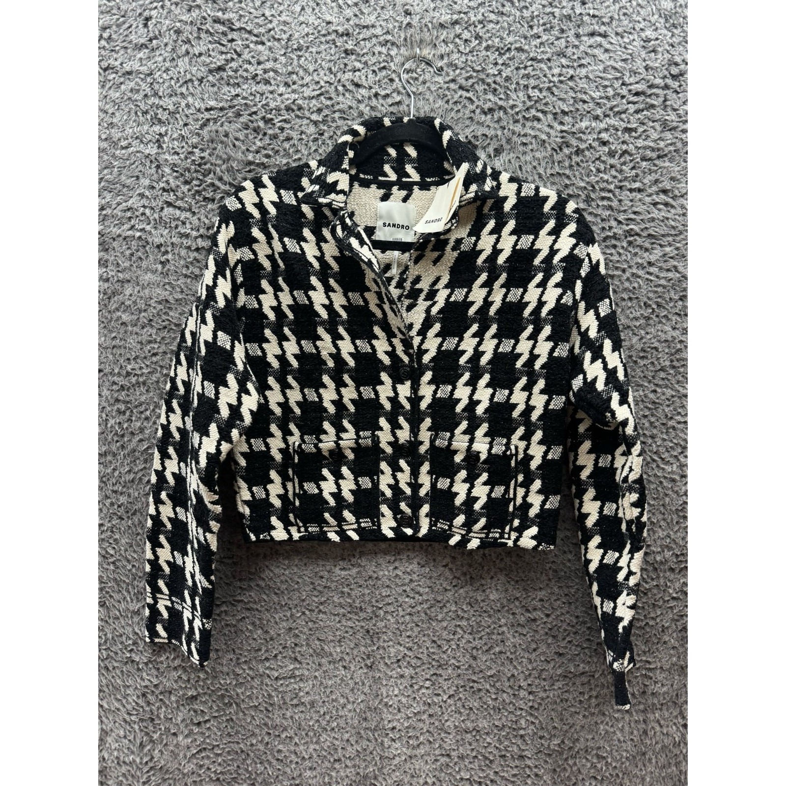 Sandro Bree Jacquard Houndstooth Long Sleeve Short Coat Black Womens Size 1